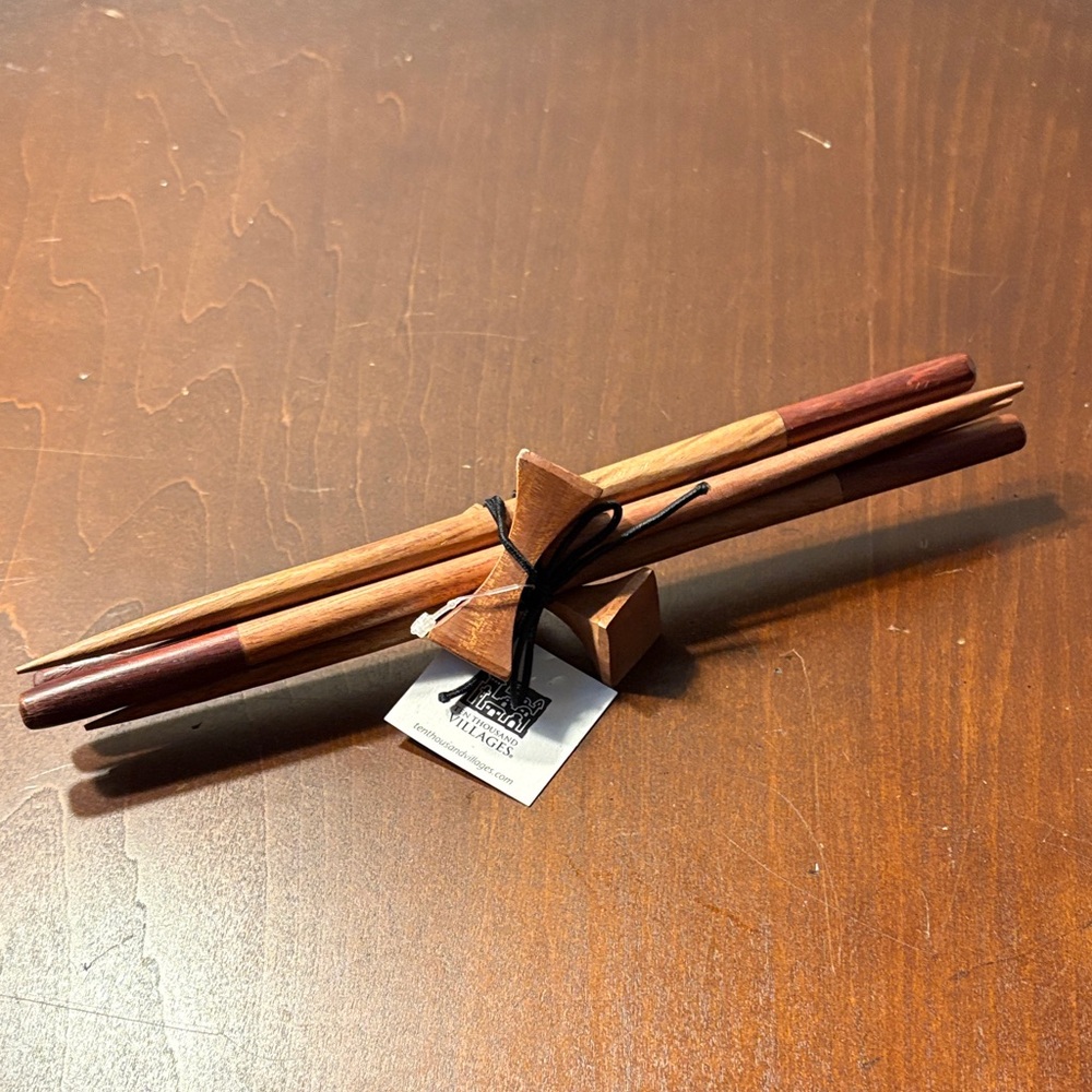 Set of 2 Ten Thousand Villages Wooden Chopsticks with Holder - NWT